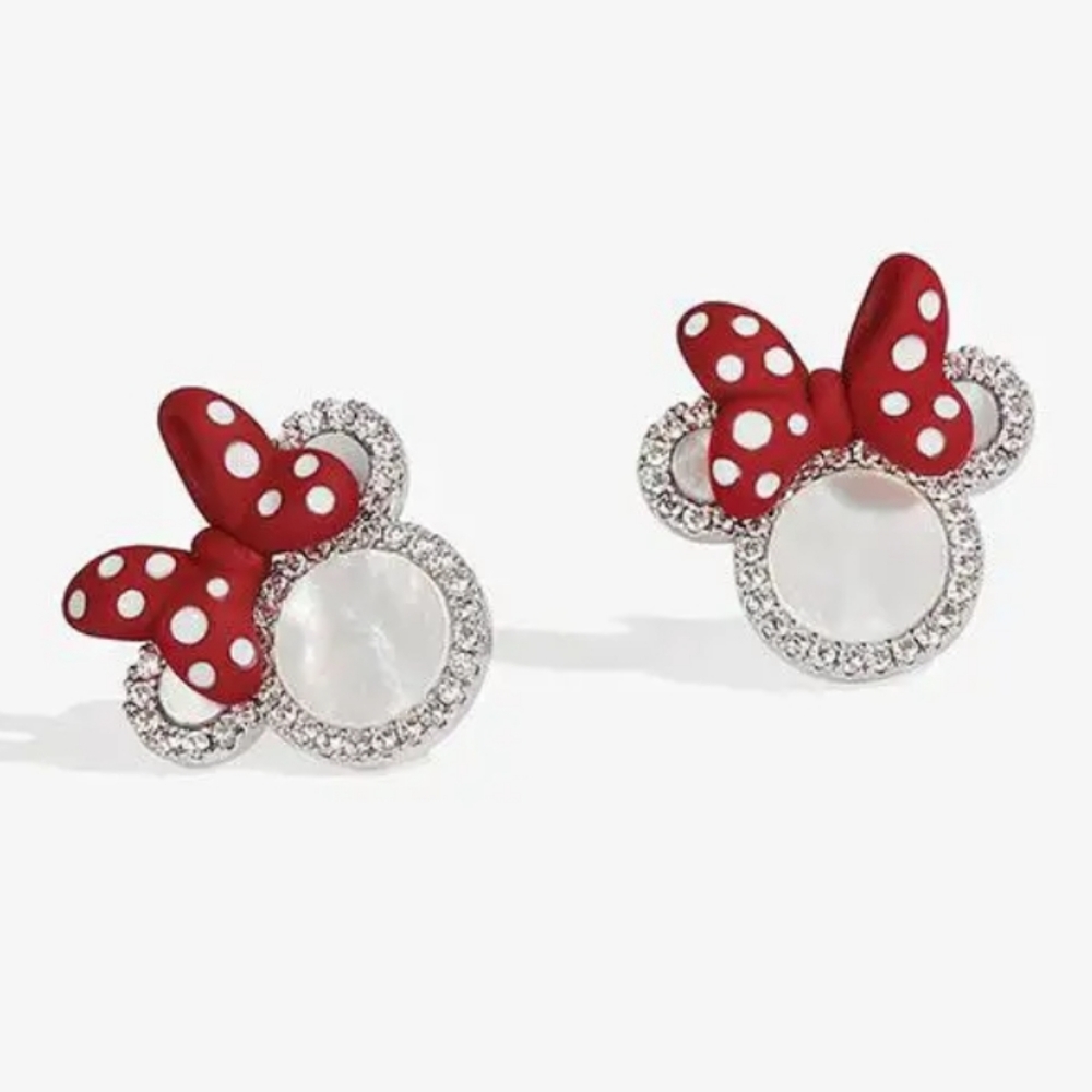 Mouse with bow post earrings Red White Silver Rhinestone NIP - Picture 3 of 4